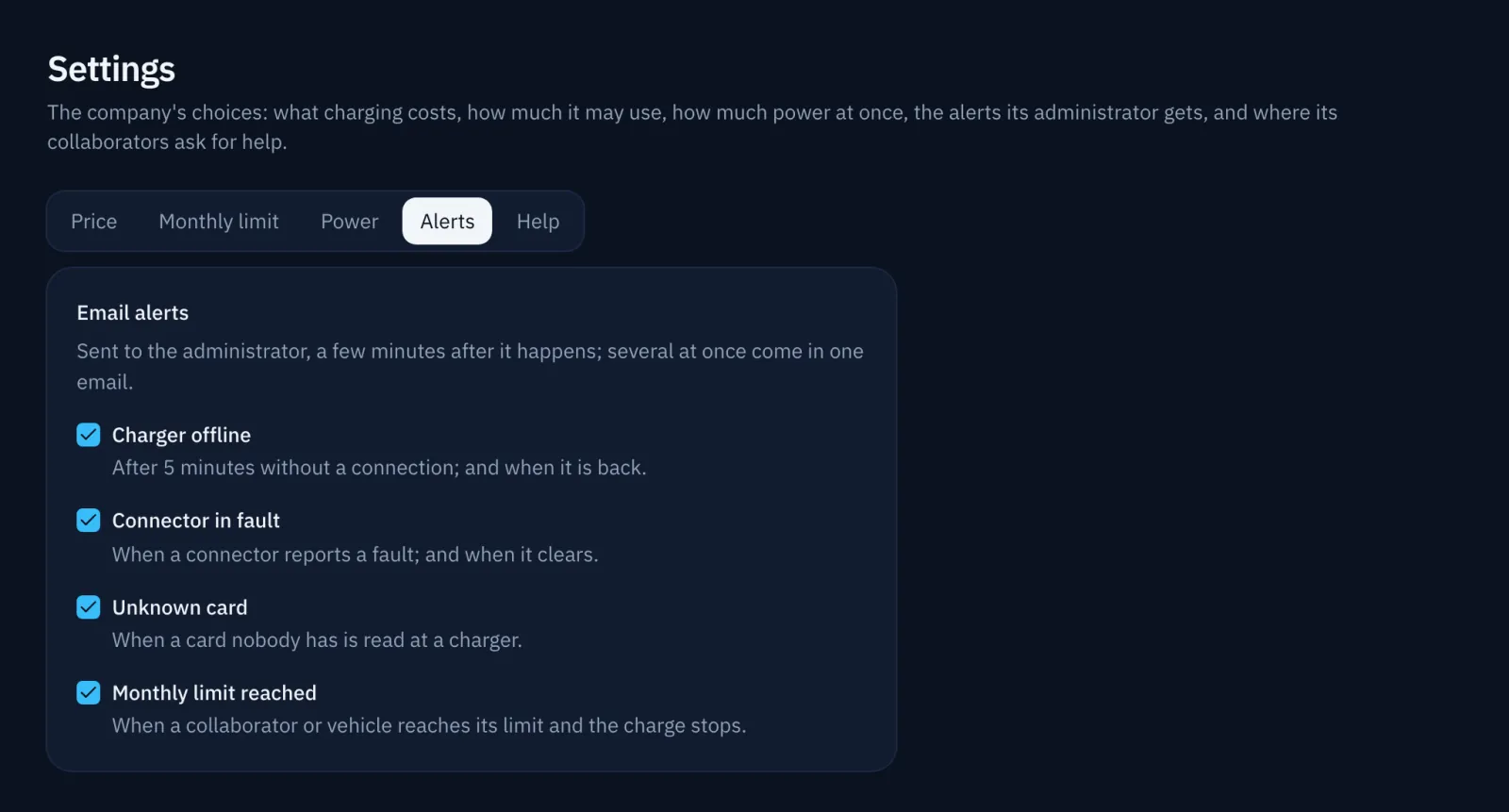 Settings, Alerts tab, with each kind of alert turned on or off.