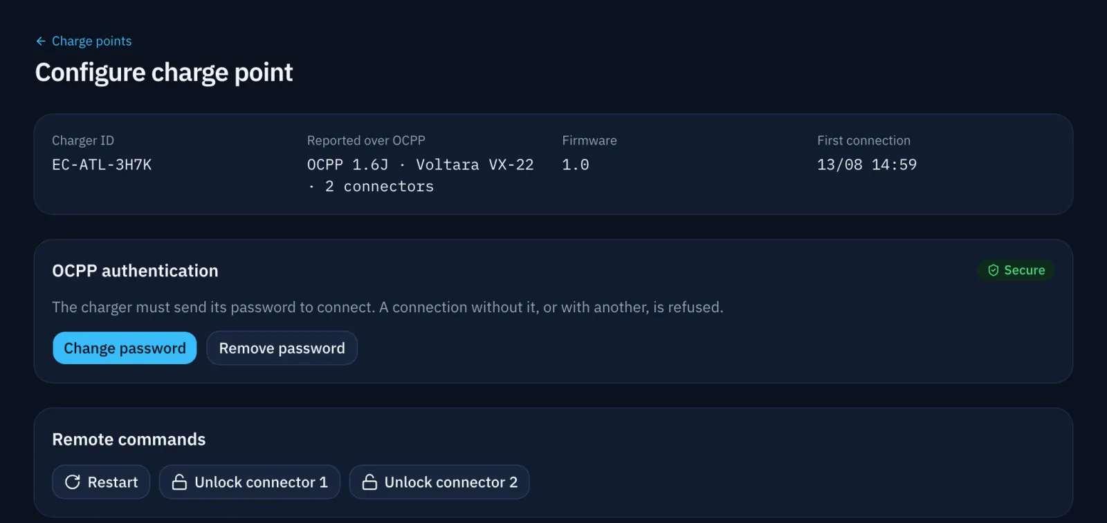 A charger's configuration screen, with connection security and remote commands.