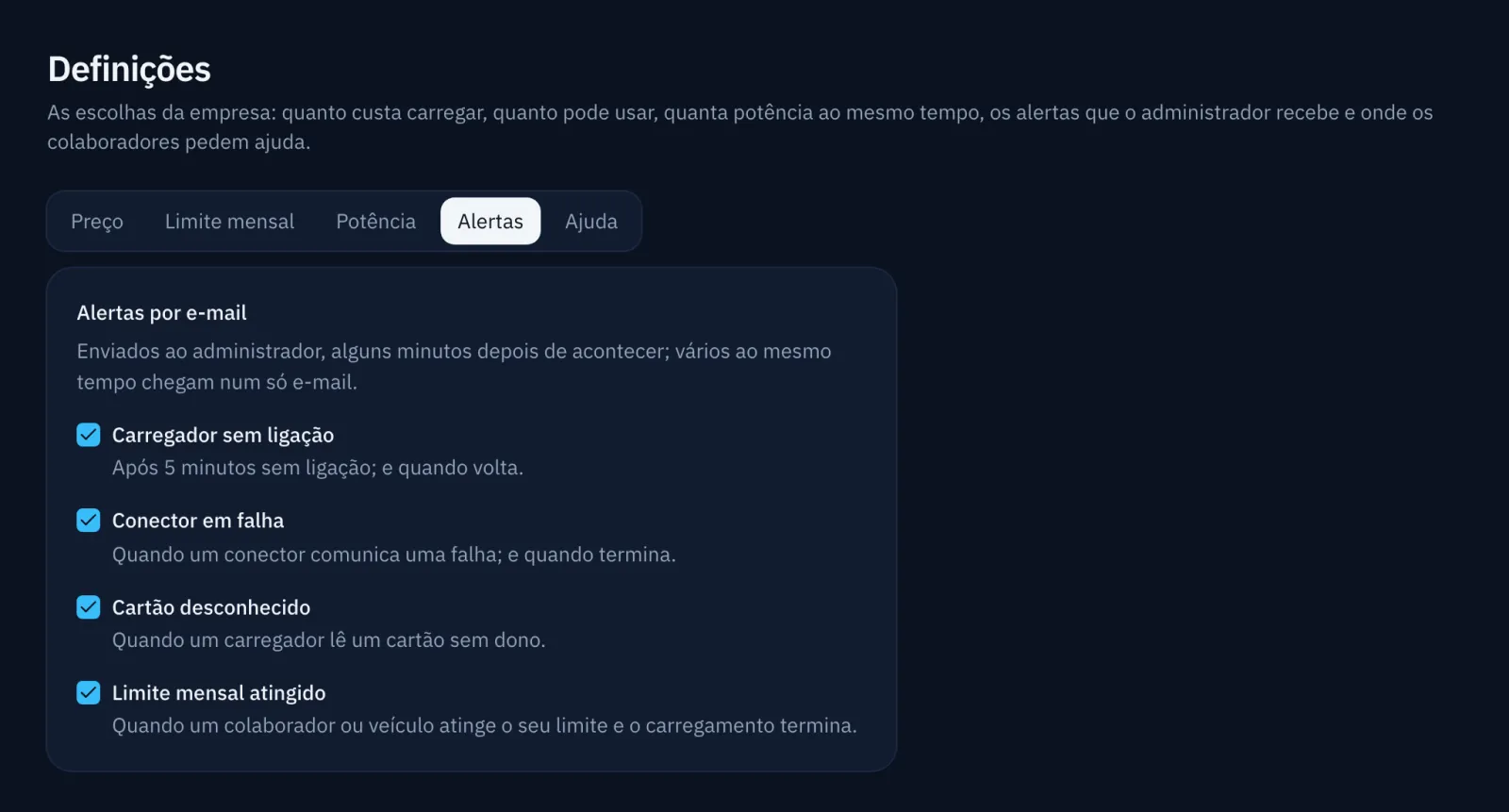 Definições, separador Alertas, com cada tipo de alerta ligado ou desligado.