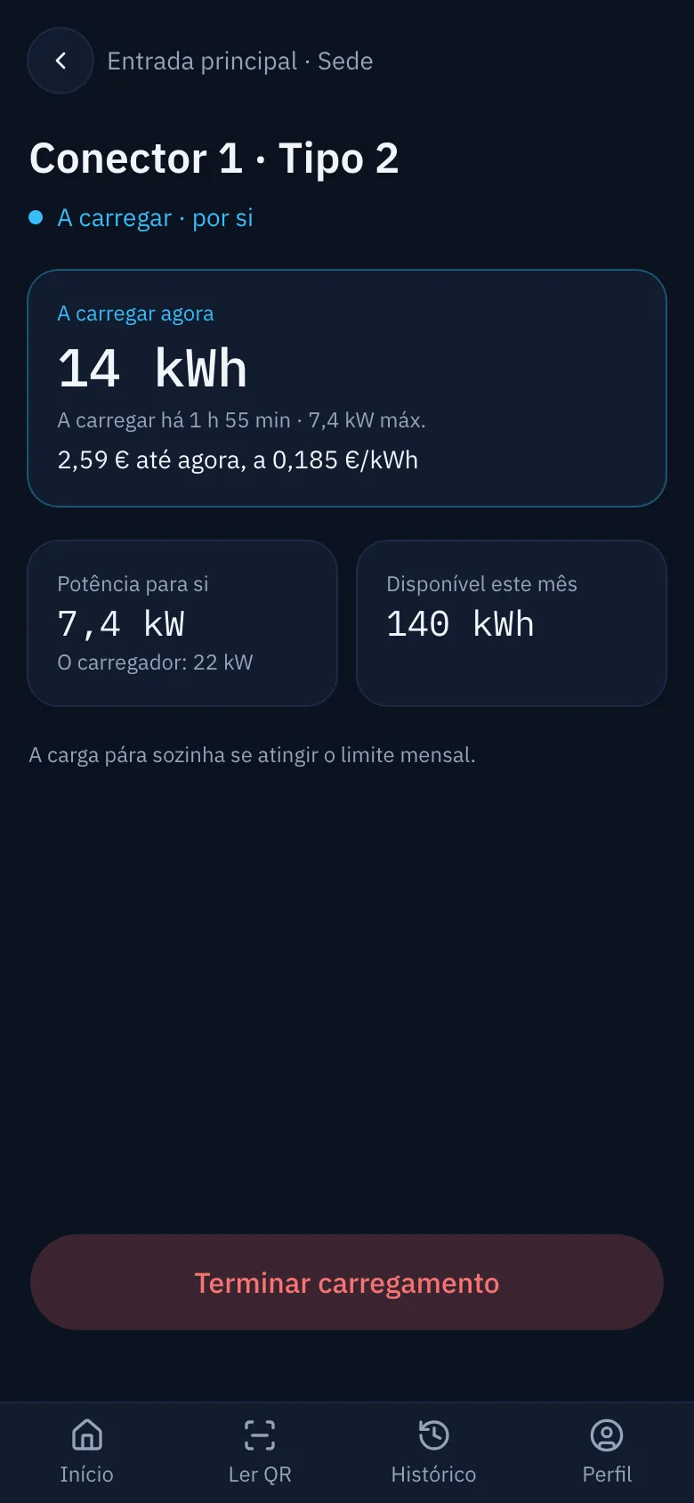 Página do conector durante um carregamento: energia, duração, custo e o botão para terminar.