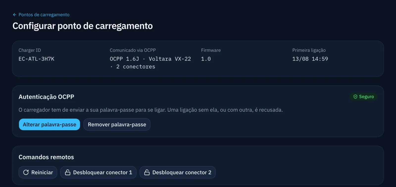 Ecrã de configuração de um carregador, com a segurança da ligação e os comandos remotos.